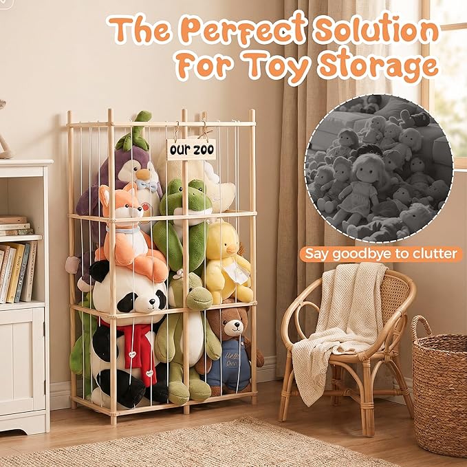LAMU Stuffed Animal Storage, Wooden Zoo Stuffed Animal Holder with Elastic Cords, Space Save Plush Toy Cage, Double Capacity Extra Large Stuffed Animal Organizer for Playroom, Bedroom, Nursery, 31" W