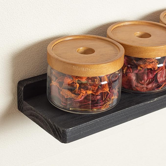 Freezing point Floating Shelves for Wall Set of 2 Natural Wood 16Inch Wall Shelf Decor Plant Display Collectibles Mounted Kitchen Bathroom Bedroom Corner Decorative Storage Stand Black