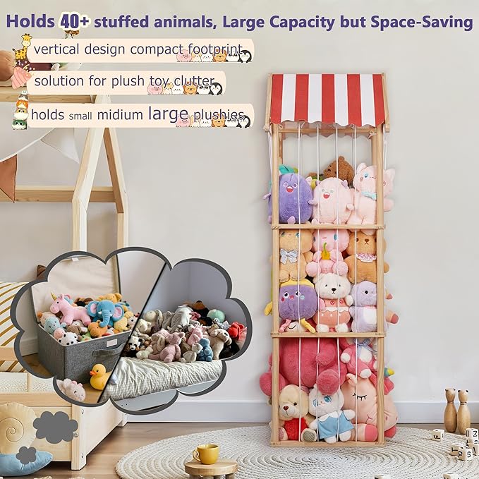 Edudif Stuffed Animal Storage, Space Saving Vertical Stuffed Animal Holder Wood, Easy Assembly Cottage-Style Plush Toys Organizer for Kids Bedroom & Playroom (Wood, Large)