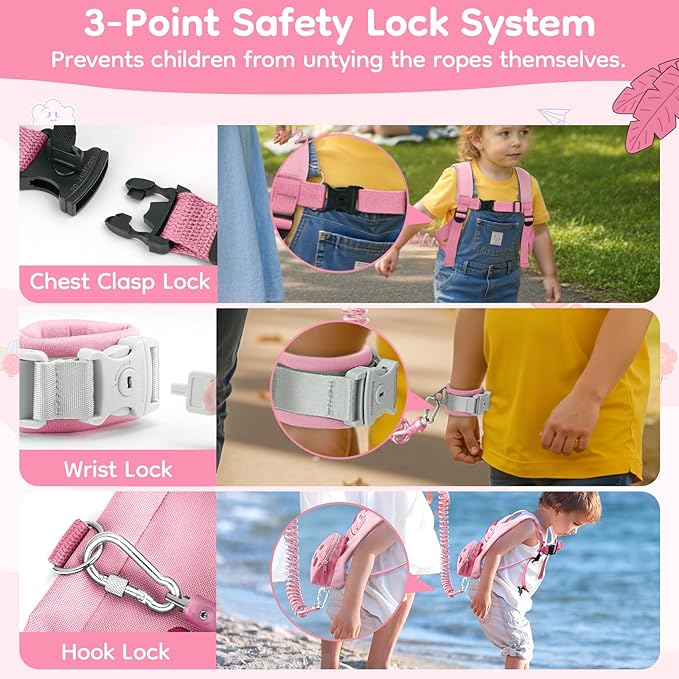 Dr.meter 3 in 1 Toddler Harness Leash + 8.2ft Anti Lost Wrist Link, Cute Dinosaur Kids Anti Lost Leash with Key Lock, Child Walking Harness for Parent Boys Girls Keep Kids Close, Travel Essensials