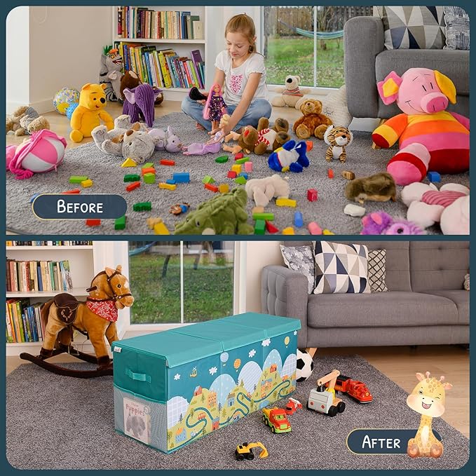 SoftOwl Extra Large Toy Storage Organizer with Lid - Sturdy, Collapsible Toy Chest Storage Box with Cute Design - Toys Bin with Dividers for Kids, Boys, Girls, Nursery, Bedroom, Play room 37"x16"x14"