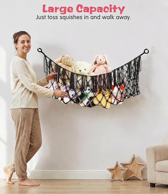 Stuffed Animal Net Hammock, Premium Cotton Hand-Knitted Plush Hammock, Save Space Eliminate Clutter Boho Stuffed Animal Storage for Nursery, Bedroom Decor, playrooms - Black