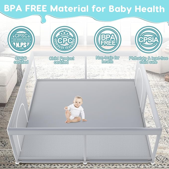 Fshibila 79" ×79" Extra Large Baby Playpen, Baby Playard for Babies and Toddlers, BabyFence Play Pens for Indoor & Outdoor, Sturdy Safety Play Yard with Soft Breathable Mesh, Anti-Fall, Grey