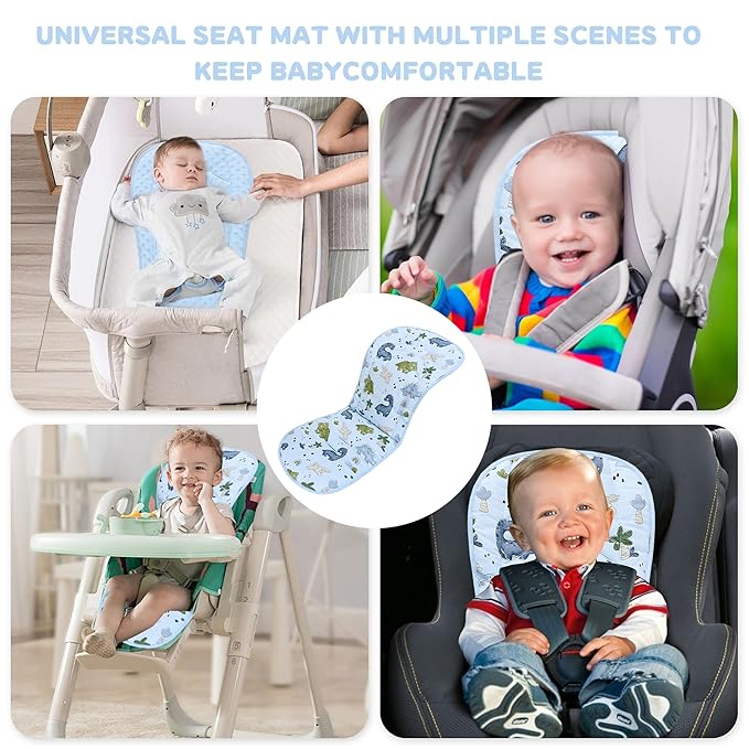 Baby Stroller Cushion,Soft Minky Dotted and Printed Stroller Seat Liner-Reversible Universal Breathable and Soft Newborn Pram Pad, Cotton Infant Car Seat Insert-82x37cm,1 Pack(Dinosaur+Baby Blue)