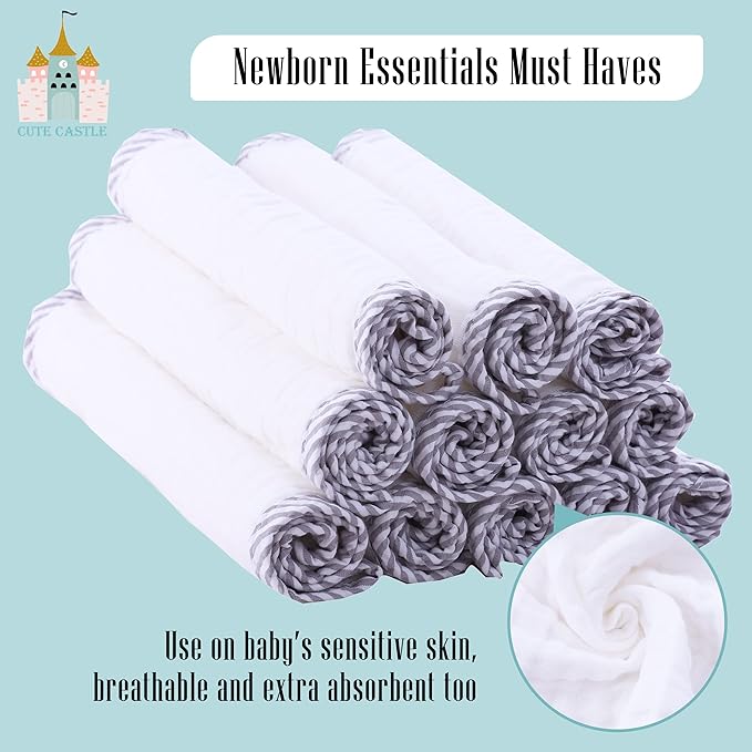 Cute Castle 12 Pack Muslin Burp Cloths for Baby - Ultra-Soft 100% Cotton Baby Washcloths - Large 20'' by 10'' Super Absorbent Milk Spit Up Rags - Burpy Cloths for Unisex, Boy, Girl - Stripe