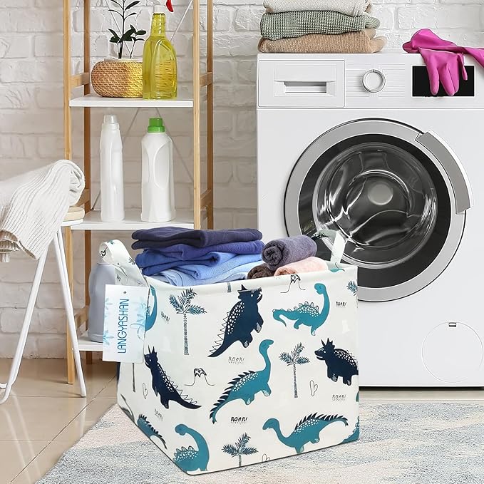 LANGYASHAN Square Storage Baskets Waterproof Canvas Children Laundry Nursery Hamper for Shelves Gift Baskets Toy Organizer Room Decor (Square Dinosaur)