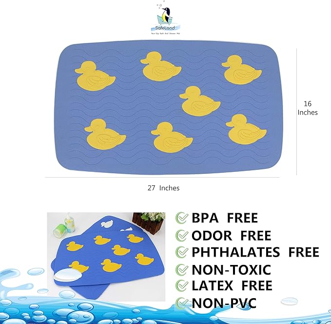 SafeLand Patented Non-Slip Bath, Tub, Baby Mat, TPR Material, Eco-Friendly, Non-PVC, Color Combo, Machine Washable, No-Odor, with Powerful Gripping Suction Cups, Duck-31 (16"x27")