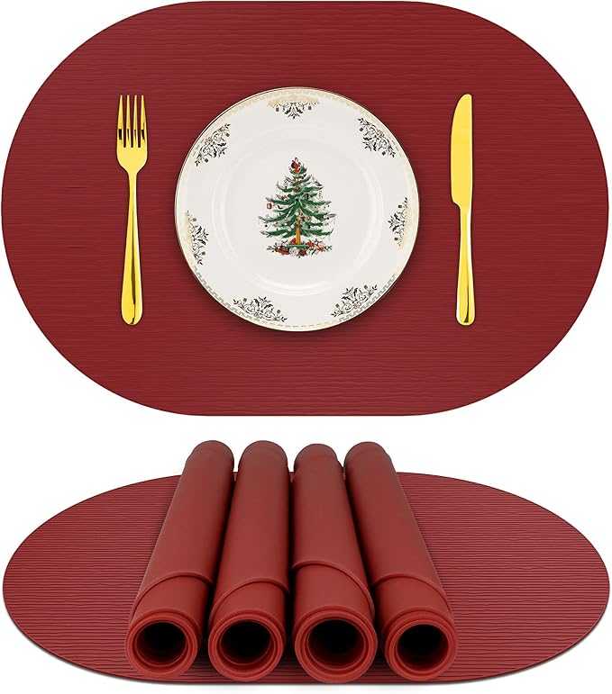 Silicone Placemats, Oval Placemats for Dining Table, Placemats Set of 4, Non-Slip Waterproof Heat Resistant Outdoor Table Mat for Patio Table (Wine Red-Oval)