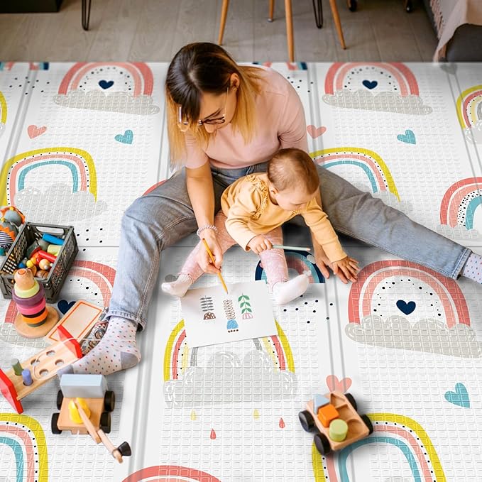 71x59 Foldable Baby Play Mat, Foam and Waterproof Playmat for Floor, Babies Activity Tummy Time Playmats, Portable & Anti-Slip Crawling Mats, Reversible Floor Mat for Kids, Infant, Toddler(Rainbow)