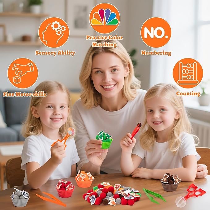 EZdhuawuse Woodland Animals Sensory Bin Fillers - Valentine's Day Gift 266Pcs Sping Animals Fine Motor Toys Sorting Stacking Toys for Kids, Felt Fox Bear Pom Poms Cup Clip for Preschool Education