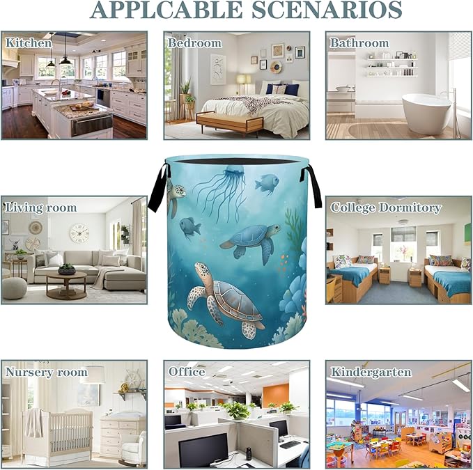 VODRM Sea Turtle Ocean Animal Coral Laundry Basket, Dirty Collapsible Clothes Toy Organizer Hamper for Kids Adults, Oxford Cloth Waterproof Storage Bin for Bathroom Coastal Decor Gifts, 19.7"X15.7"