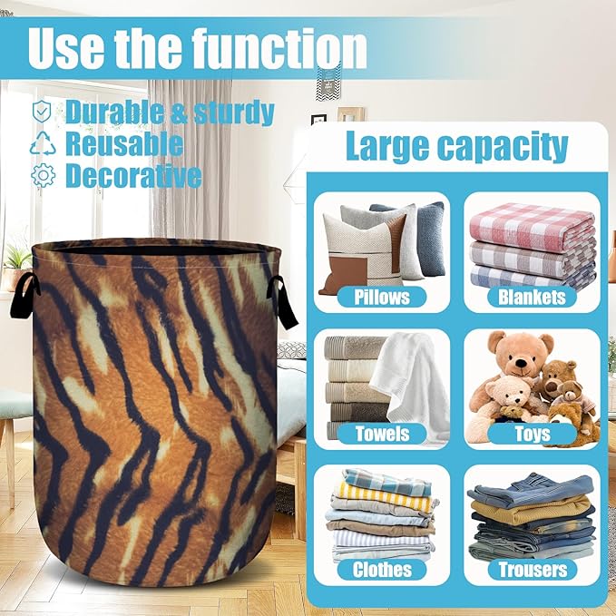 Tiger Texture Laundry Basket, Laundry Hamper Collapsible Oxford Cloth with Handle Clothes Toy Storage Bin for Bathroom Laundry Room Bedroom 15.7 X 20 Inch