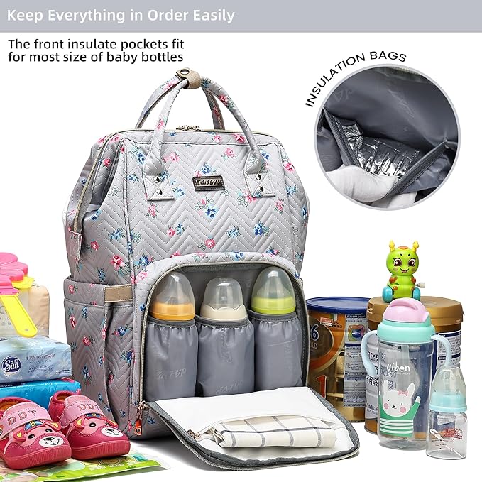 GAIVP Diaper Bag Backpack for Women, Baby Bags for Girls,Diaper Bag with Changing Pad, and Insulated Pockets-Grey Flowers