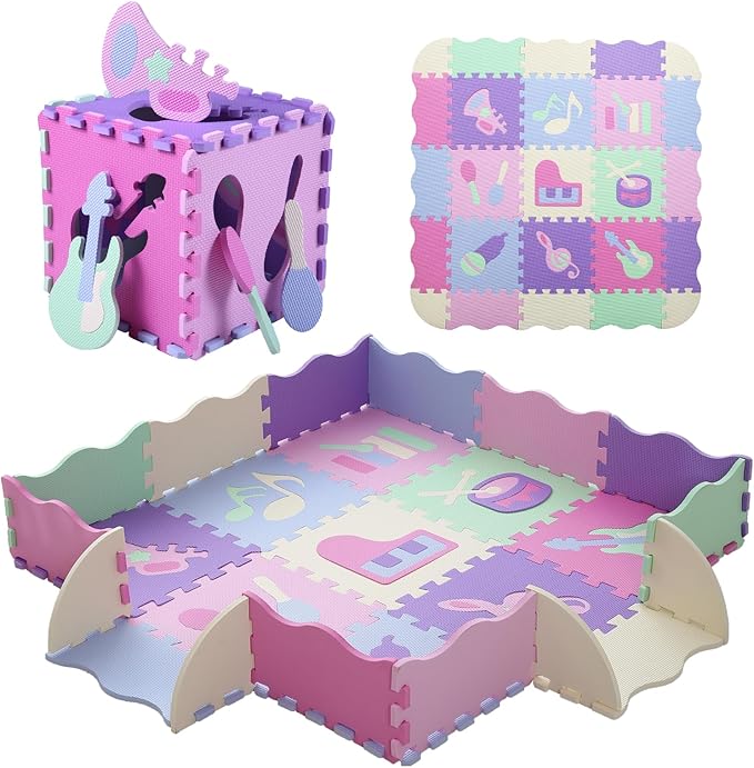 Tamiplay Foam Play Mat for Kids，25Pcs Square Interlocking Puzzle Floor Mat，Baby Play Mat Floor Mat Foam Puzzle Playmat for Toddlers with Fence（Musical Instrument-CSH016