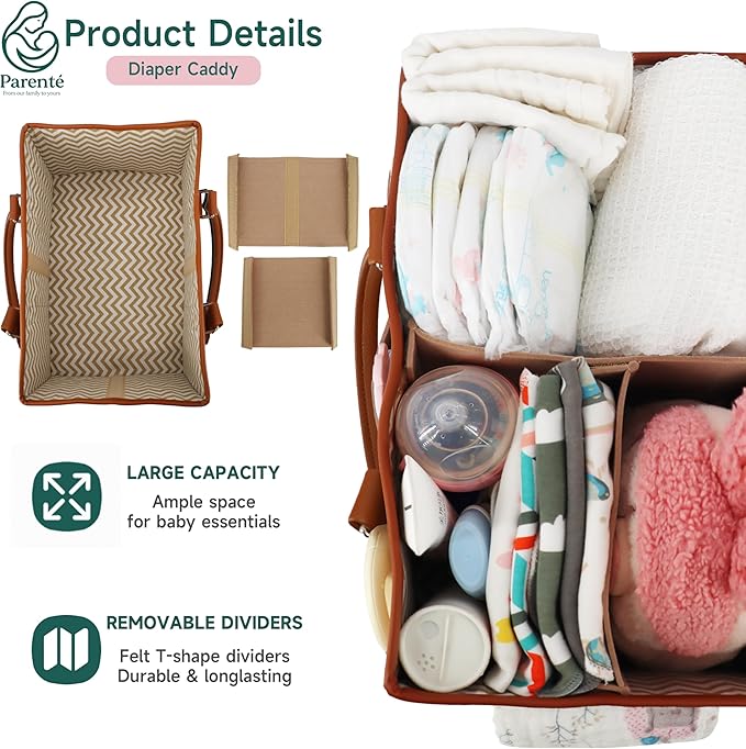 Parenté Diaper Caddy Organizer—Portable Baby Caddy for Baby Stuff, Newborn Essentials Must-Haves, Caddy Organizer with Handle, Ideal Baby Shower Gifts, Nursery Storage Basket for Diapers & Wipes