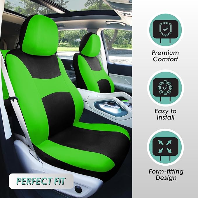 Automotive Seat Covers Green Universal Fit Combo Set with Steering Wheel Cover and Seat Belt Pad fits most Cars, SUVs, and Trucks (Airbag Compatible and Split Bench) FH Group FB030GREEN-COMBO