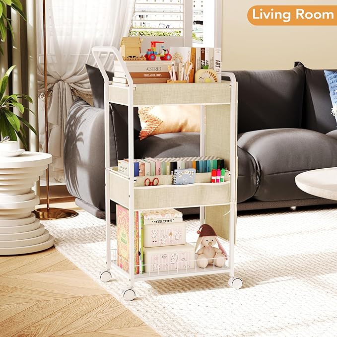 BBLIKE 3-Tier Diaper Caddy Organizer - Rolling Utility Baby Cart with Basket and Side Pockets for Nursery and Baby Essentials, Multi-Function Cart for Bedroom and Bathroom, Begie