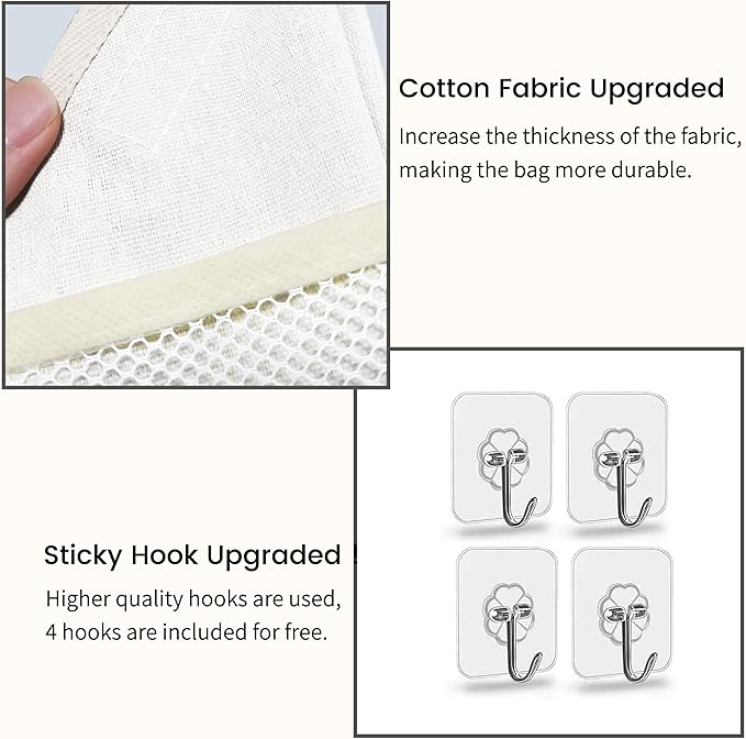 2pcs Wall Hanging Organizer Bag, Linen Fabric Door Hanging Storage Basket with Pockets, Waterproof Bin for Kitchen, Bedroom, Office, RV Camper (White-Upgraded)