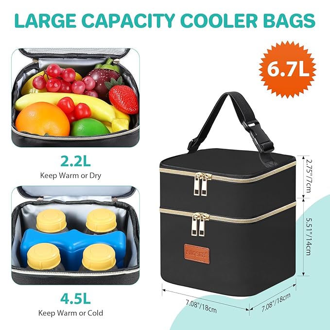 PIIOSER Baby Bottle Cooler Bag with Ice Pack, Fits 4 Baby Bottles Up to 5 Ounce, Portable Insulated Breastmilk Cooler Travel Bag with Handle Buckle for Nursing & Working Mom Daycare (Black-XS)