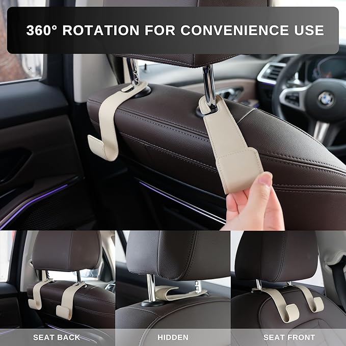 Purse Holder for Car, 2 Pack Upgraded Car Seat Hooks for Hanging Purse and Bag, Leather Headrest Hooks for Car Back Seat, Car Organization Accessories (Brown)
