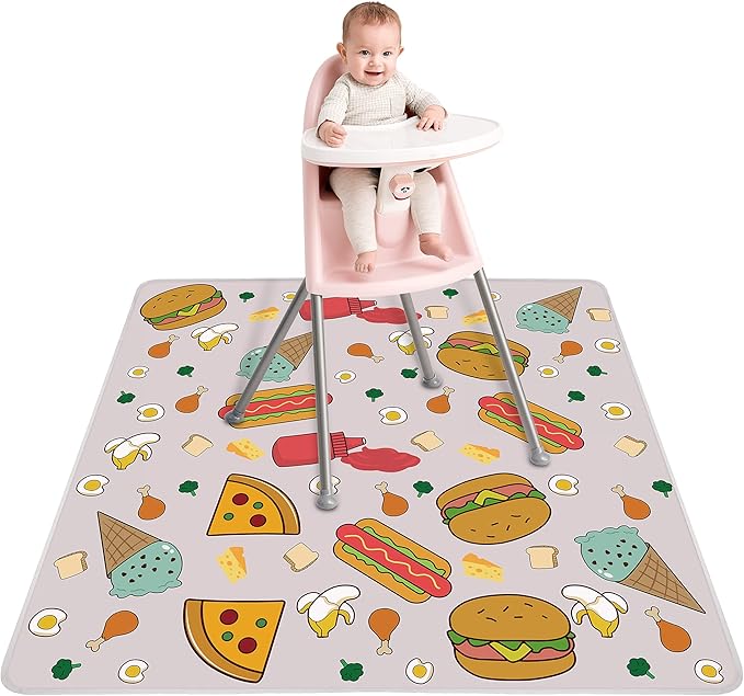 Welspo Splat Mat for Under High Chair, Washable Large Baby Splash Mat, Anti-Slip Silicone Spot Waterproof Floor Mat, Food Catcher Art Craft Leak Proof Mat (White Food, 51inch X 51inch)