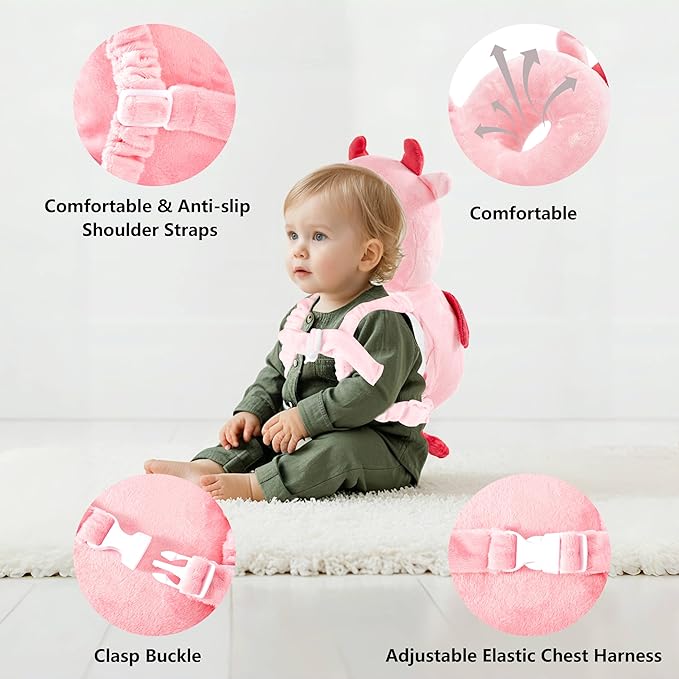 Baby Head Back Protector Backpack Toddler Safety Protector Cushion Pad Soft, Adjustable and Lightweight Design for Safe Walking and Crawling Toddlers Girls and Boys(Pink Devil)