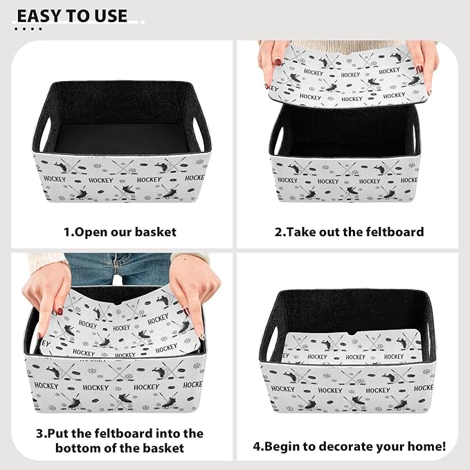 Emelivor Ice Hockey Black Storage Basket Bins Set (2pcs) Felt Foldable Storage Bins with Fabric Rectangle Basket for Organizing for Organizer, Closet, Shelves, Office