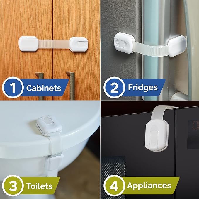 Child Safety Strap Locks (12 Pack) Baby Locks for Cabinets and Drawers, Toilet, Fridge & More. 3M Adhesive Pads. Easy Installation, No Drilling Required, White