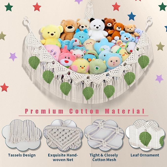 Stuffed Animal Hammock Corner w/LED Star Light, 56'' Jumbo Boho Tassel Leaf Hanging Stuffed Animal Net Holder, Cream Toy Hammock Plushie Net for Kid Girls Boys Gift Nursery Decor