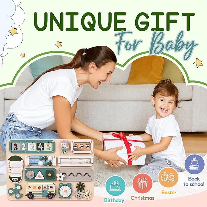 KALOTOYS Large Busy Board Montessori Toys for 1 2 3 Year Old - Sensory Toys for Toddlers 1-3 - Fine Motor Skills & Early Learning - Montessori Gift for Boys & Girls - Travel-Friendly & Safe (Green)
