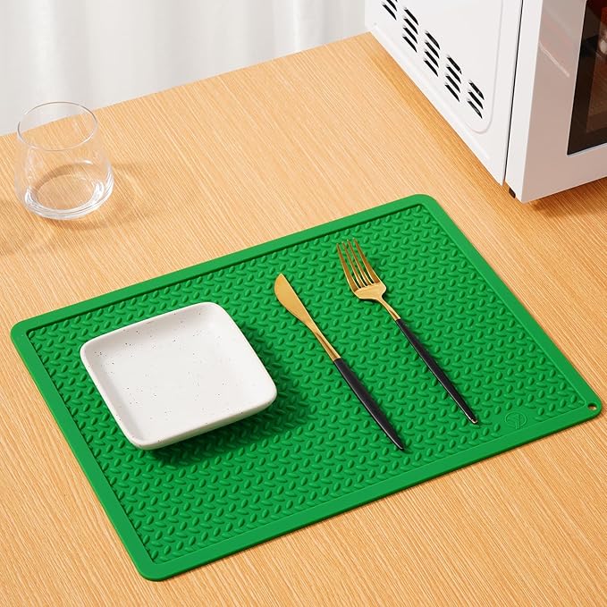 Silicone Drying Mat & Heat Resistant Mat for Kitchen Counter, Non-Slip Dishwasher Safe, Raised Edge for Dishes Bottles Sink (25.5x17.7in, Dark Green)
