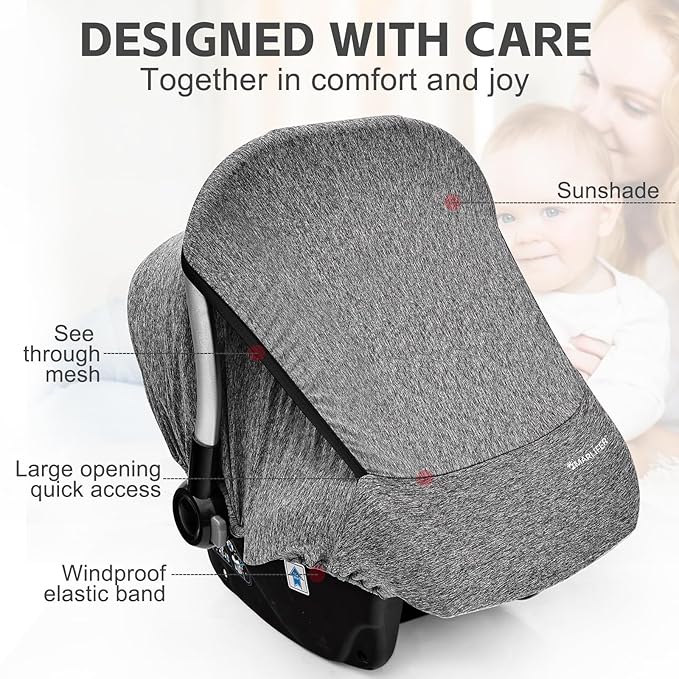 Baby Car Seat Cover, Large Mesh Window, Breathable Fabric, Infant Windproof Canopy, Universal Fit CarSeat Covers for Babies, Machine Washable, Gray