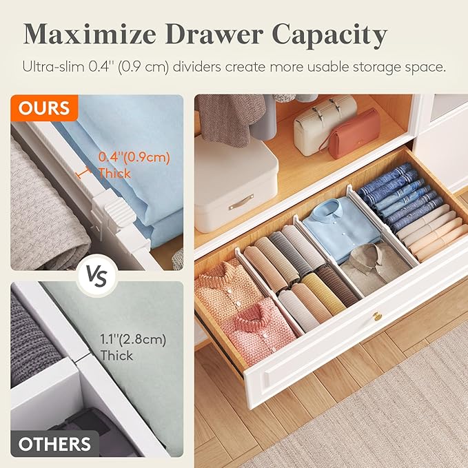 Lifewit 5" Tall 6 Pack Drawer Dividers, 30-47cm/11.5-18.5" Expandable Drawer Divider for Clothes, Adjustable Dresser Drawer Organizers, Drawers Separators for Dresser/Bathroom/Closet/Kitchen White