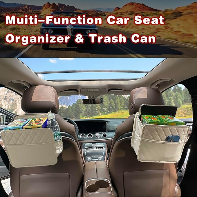 2 Pack Upgraded Car Seat Organizer Backseat with Storage Pockets, Multipurpose Car Organizer Hanging Car Trash Bag Premium PU Leather Garbage Can 2.14 Gallon Large Capacity Accessories Beige