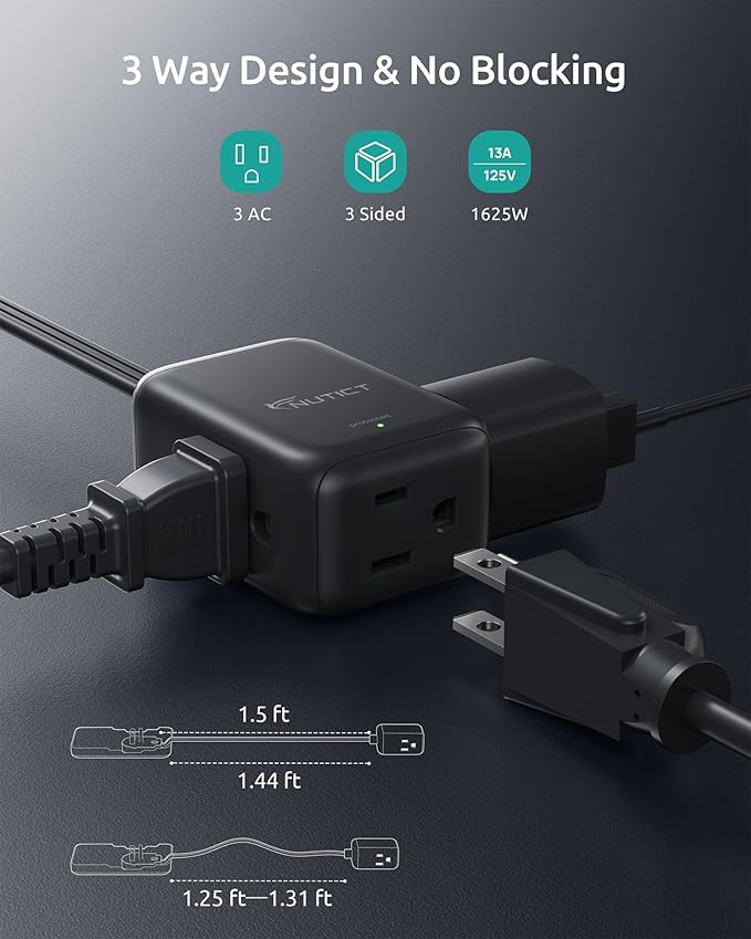 1.5FT Short Flat Extension Cord with 3 Outlets, Flat Wall Plug & Ultra-Thin Outlet Cover, 900J Surge Protection, 13A/1625W, ETL Listed, Black Outlet Extender Plug Behind TV, Couch, Furniture