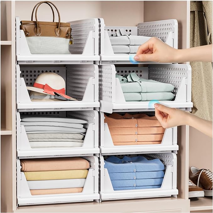8 Pack Stackable Closet Storage Basket - Stackable Storage Bins, Multifunctional & Foldable Closet Organizer Waterproof, Wardrobe Cupboard Space-Saving Hat Storage Drawer Organizer, White