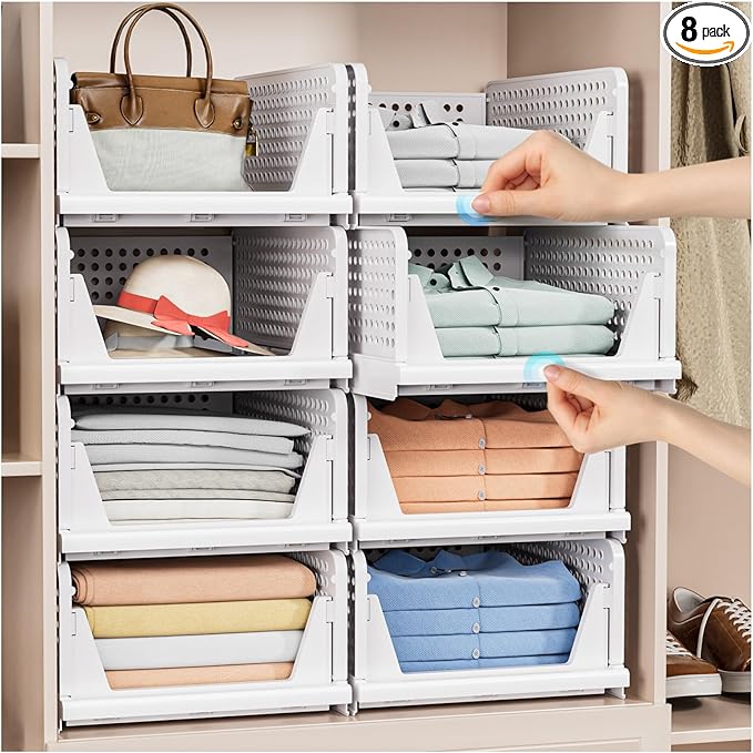 8 Pack Stackable Closet Storage Basket - Stackable Storage Bins, Multifunctional & Foldable Closet Organizer Waterproof, Wardrobe Cupboard Space-Saving Hat Storage Drawer Organizer, White