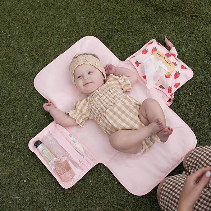 Tiny Twinkle Portable Diaper Changing Pad | Waterproof, Wipeable & Compact Baby Changing Pad for Travel | Smart Wipes Pocket & Organized Storage| Newborn Shower Gift (Strawberries)