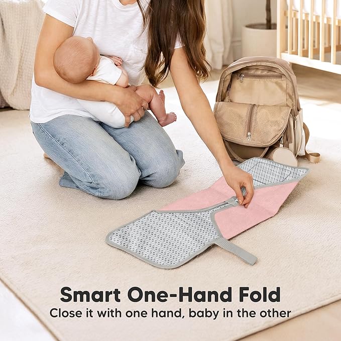 KeaBabies Portable Changing Pad for Baby, Travel – 26 x 21 Wipeable, Waterproof, Foldable Baby Diaper Changing Mat for Diaper Bag, Caddy, Car, Bed, Newborn, Compact Changer Mat Station (Sweet Pink)