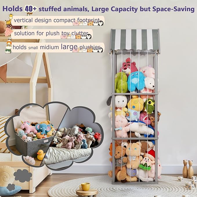 Edudif Stuffed Animal Storage, Space Saving Vertical Stuffed Animal Holder Wood, Easy Assembly Cottage-Style Plush Toys Organizer for Bedroom & Playroom (Gray, Large)