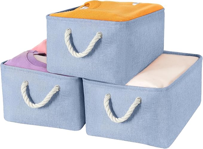 LordCom Storage Bins with Sturdy Cotton Handles(3 Pack), Fabric Storage Baskets for Organizing use for Office & Home, Book, Clothes, Toys, Closet Boxes (Small, Blue, 12.2x8.3x6.3 inches)