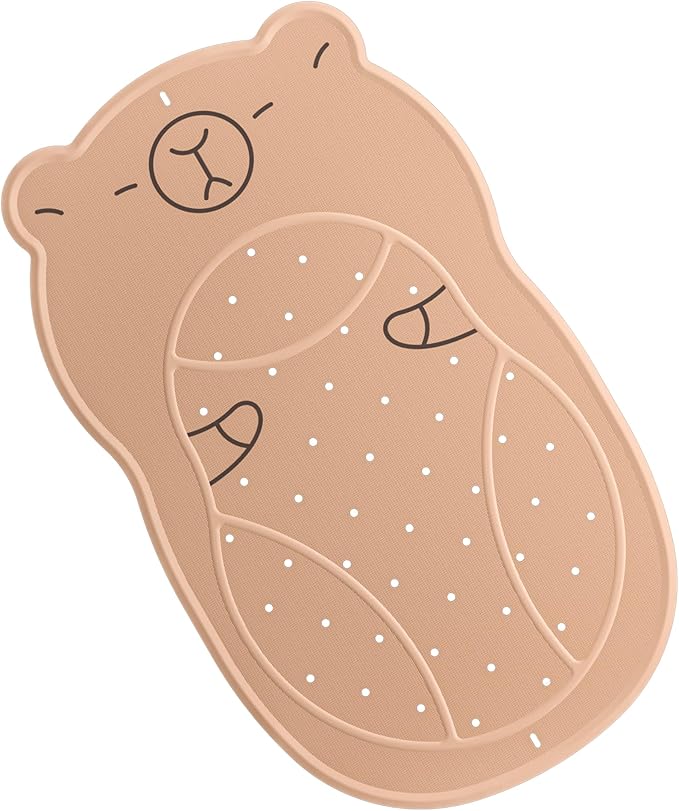 Non Slip Shower Mat Baby Bath Tub Mat Ruber Cartoon Capybara Bathtub Mats for Toddlers and Kids Cute Bath Mats with Suction Cups and Drain Holes 30"x18", Brown