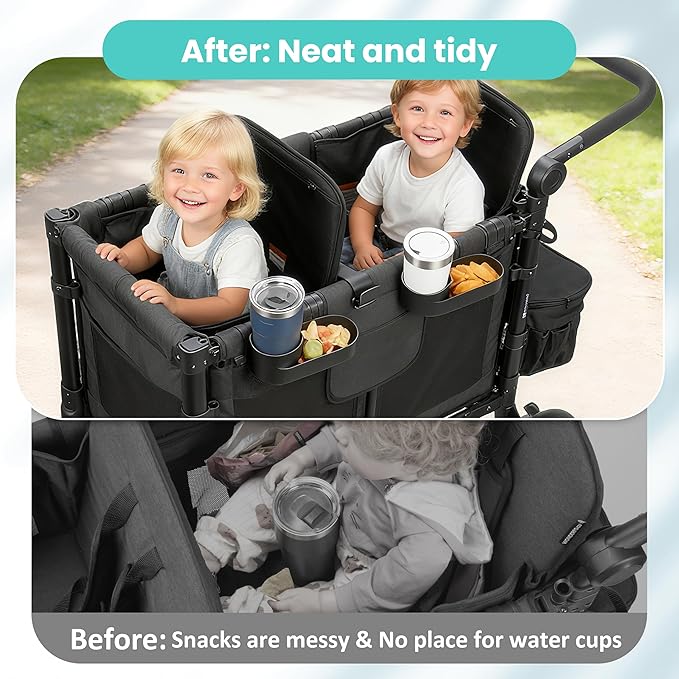 Forward-Facing Support Bar + 4-Pack Stroller Wagon Snack Tray with Spill-Proof Cup Holders - Wonderfold Accessories Compatible with WONDERFOLD W4 Elite/Luxe 4-Seater Wagons, Detachable & Easy Install