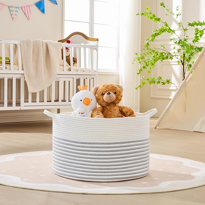 KAKAMAY Cotton Rope Storage Basket (20"x13"),Woven Hamper for Blankets,Toys,Pillows,Clothes,Laundry,Sturdy Handles Decorative Basket for Living Room, Bedroom,Nursery(Grey/Beige)