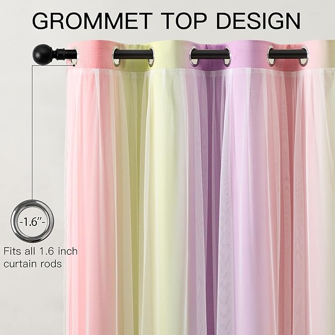 XiDi Pink Yellow Curtains 84 Inches Long 2 Panels for Girls Bedroom Blackout Curtains with Sheer Overlay for Kids Princess Nursery Room Darkening Mix & Match Double Layer Grommet Drapes W34 X L84