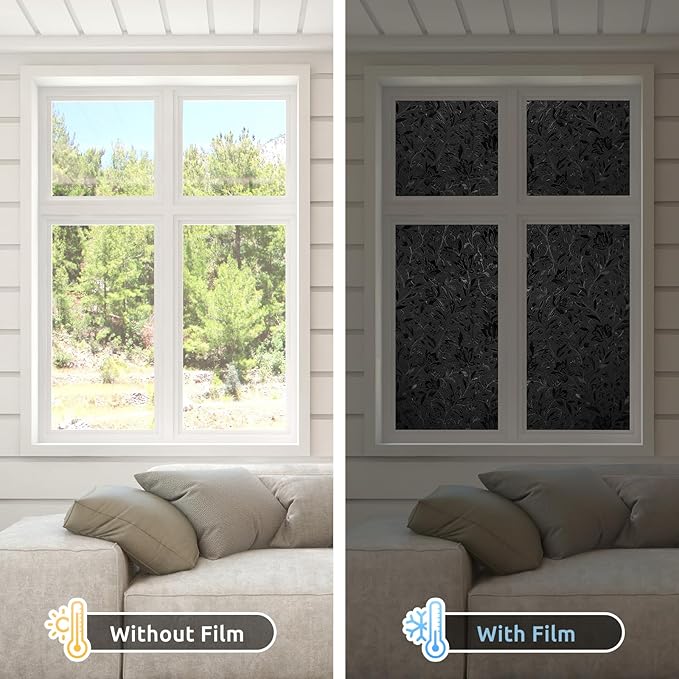 rabbitgoo Total Blackout Window Film Sun Blocking, Black Privacy Window Film Light Blocker, Stained Glass Thermal Cling Heat Control, Room Darkening Glass Sticker for Door Covering, 23.6" x 118.1"