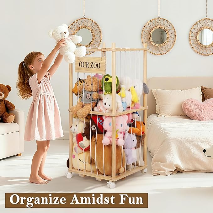 Edudif Stuffed Animal Storage Zoo, Wooden Stuffed Animal Organizer with Removable Wheels & 5-Row Elastic Cords, Space-Saving Plush Toy Storage Holder for Playroom, Bedroom, Nursery