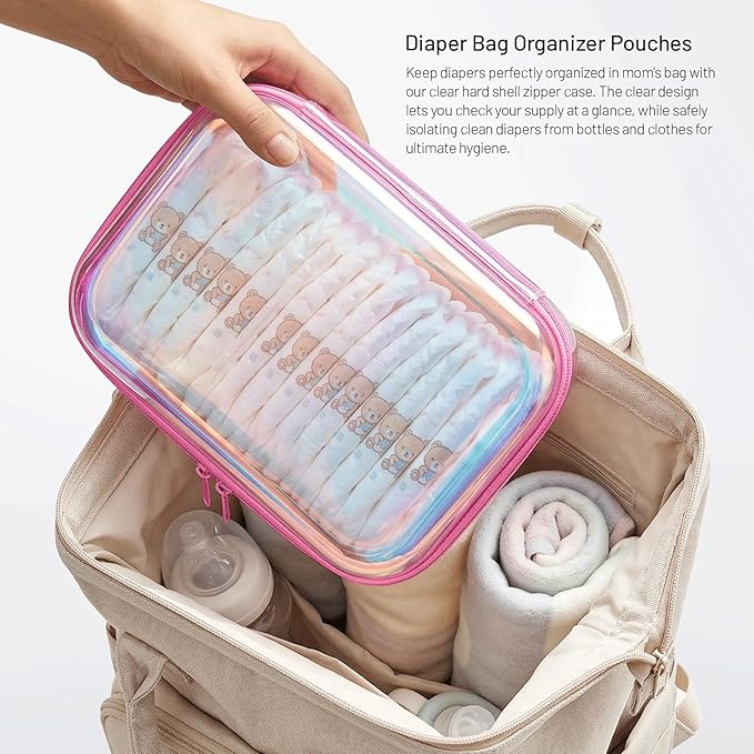 Clear Hard Shell Zipper Case,Makeup Bag,Iridescent Toiletry Bag,2pcs Large Capacity Water-resistant Toiletries Bag,Portable Travel Organizer and Storage,Bathroom Clear Cosmetic Case for Women