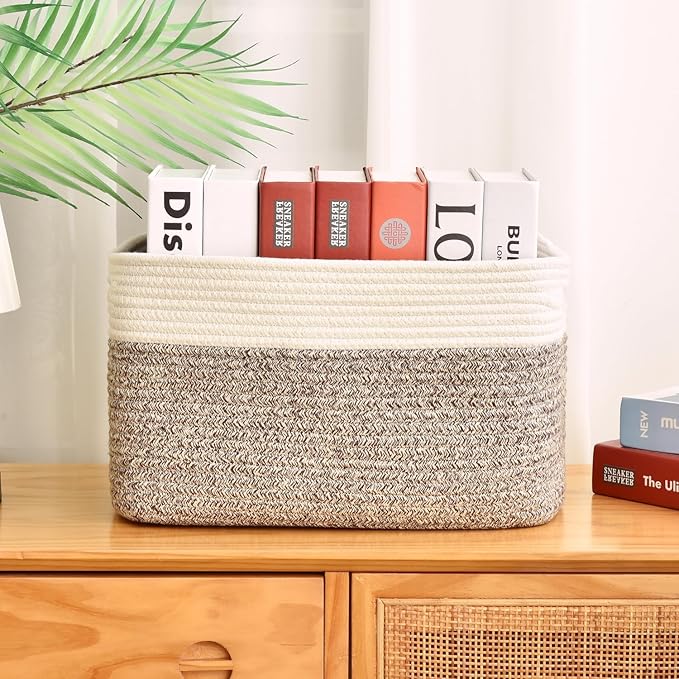 Issudata Storage Basket,Woven Baskets for Storage,Cotton Rope Baskets for Organizing,book Basket,towel,Toy Basket or Storage Bins for Living Room - 3 Pack,Brown
