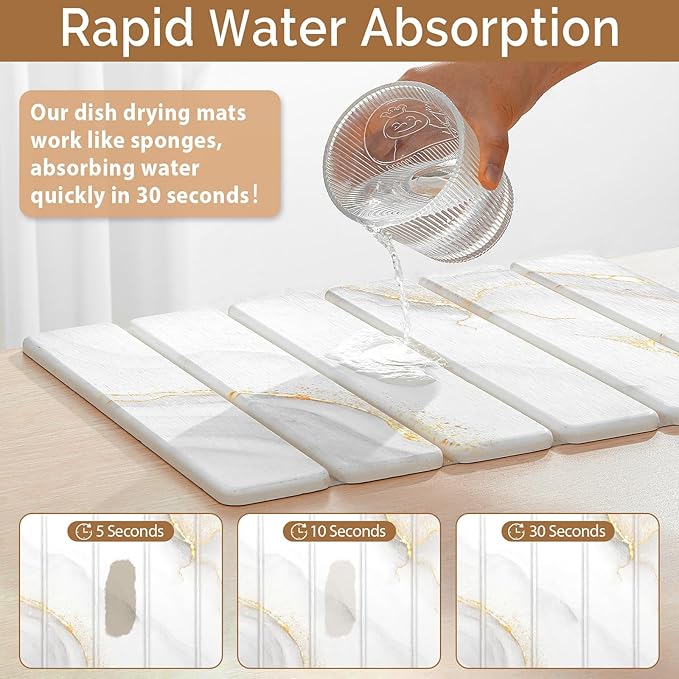Small Stone Dish Drying Mat for Kitchen Counter, 2 PCS 16"×12" & 8"x4" Quick Dry Stone Mats, Foldable Water Absorbing Diatomaceous Earth Drying Dish Pad for Countertop Bottles Utensils Cup(Gold White)